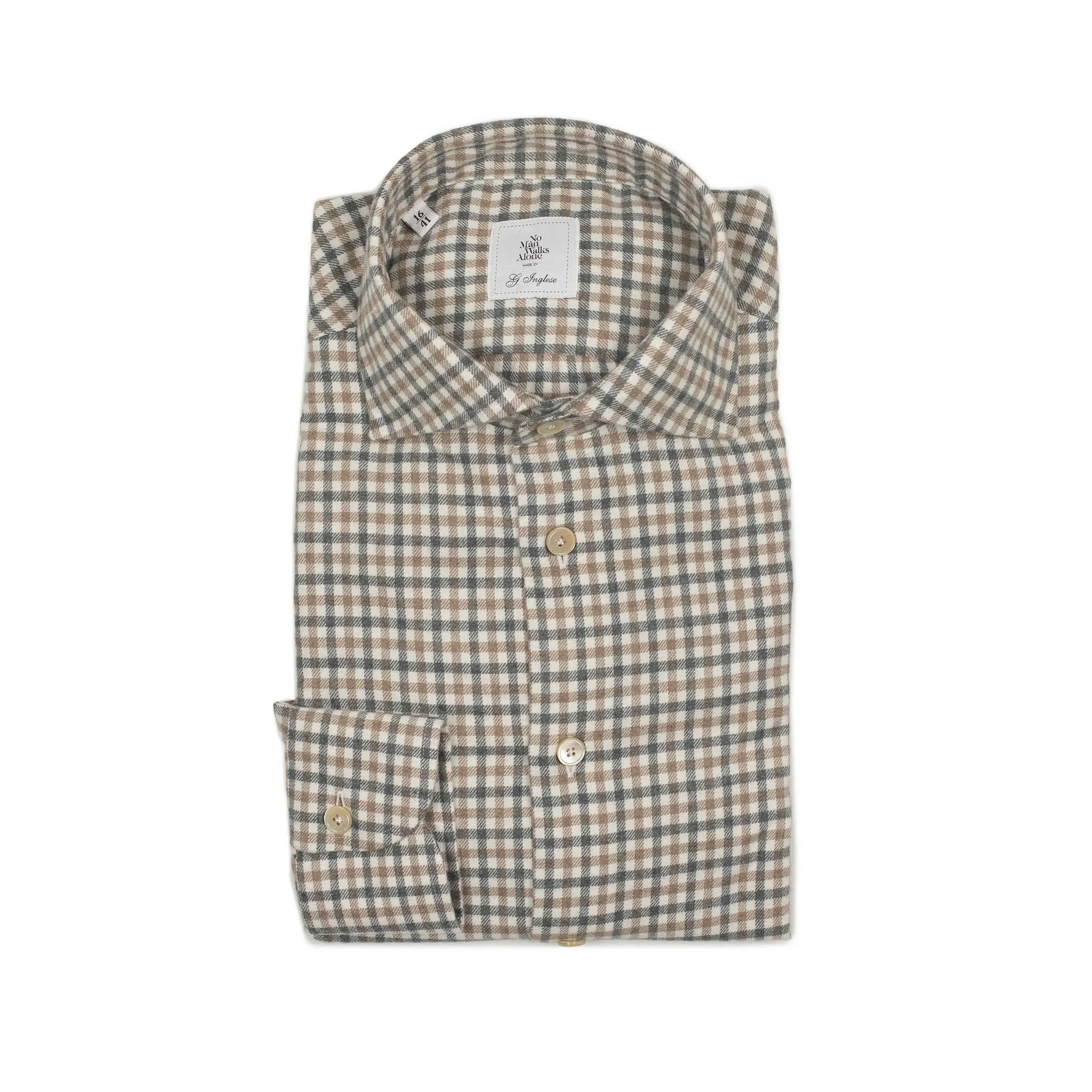 Spread collar shirt in brown and grey gingham cotton