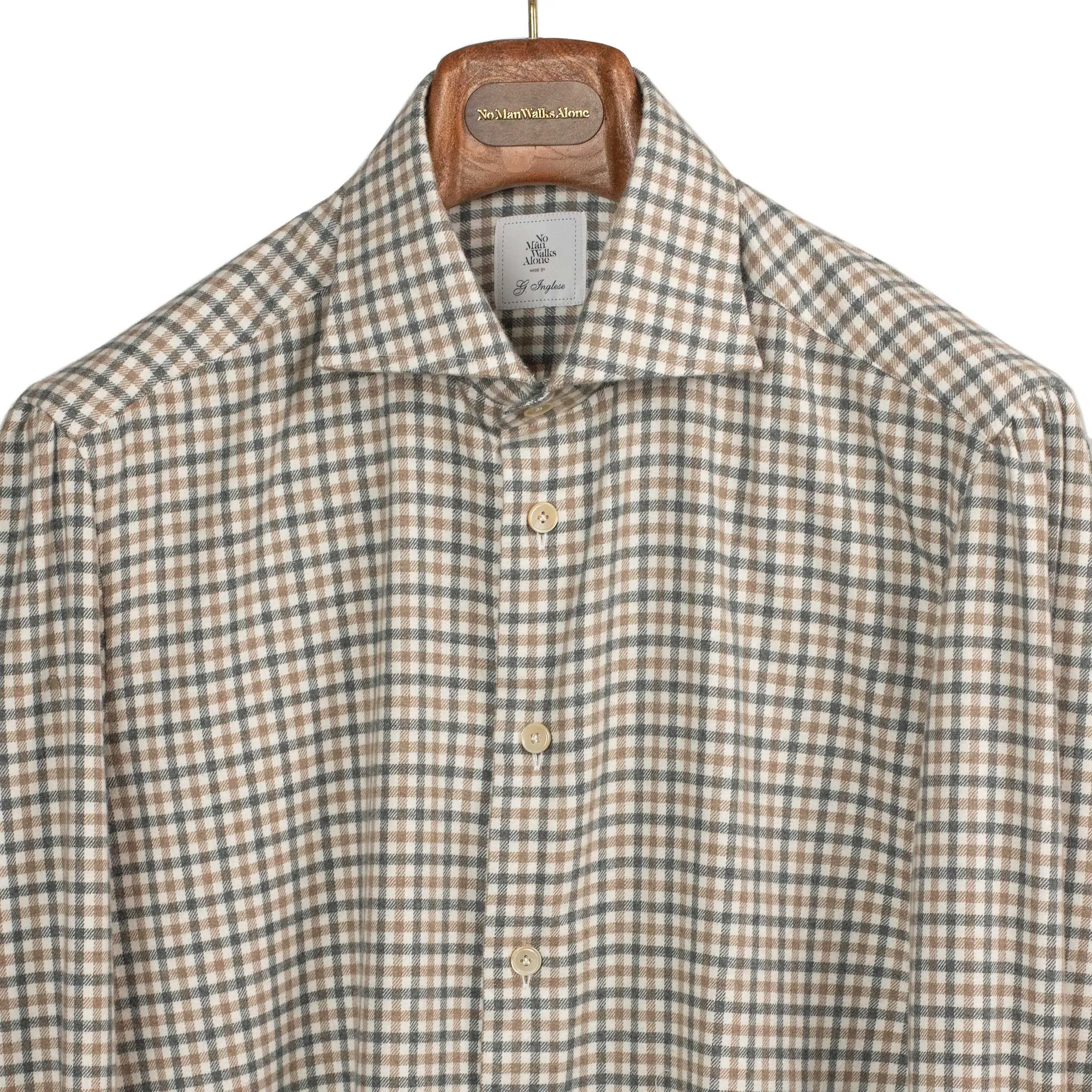 Spread collar shirt in brown and grey gingham cotton