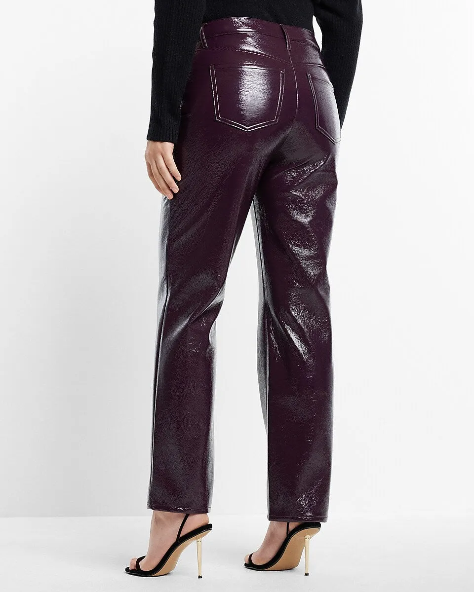 Super High Waisted Faux Patent Leather Modern Straight Pant in Dark Purple