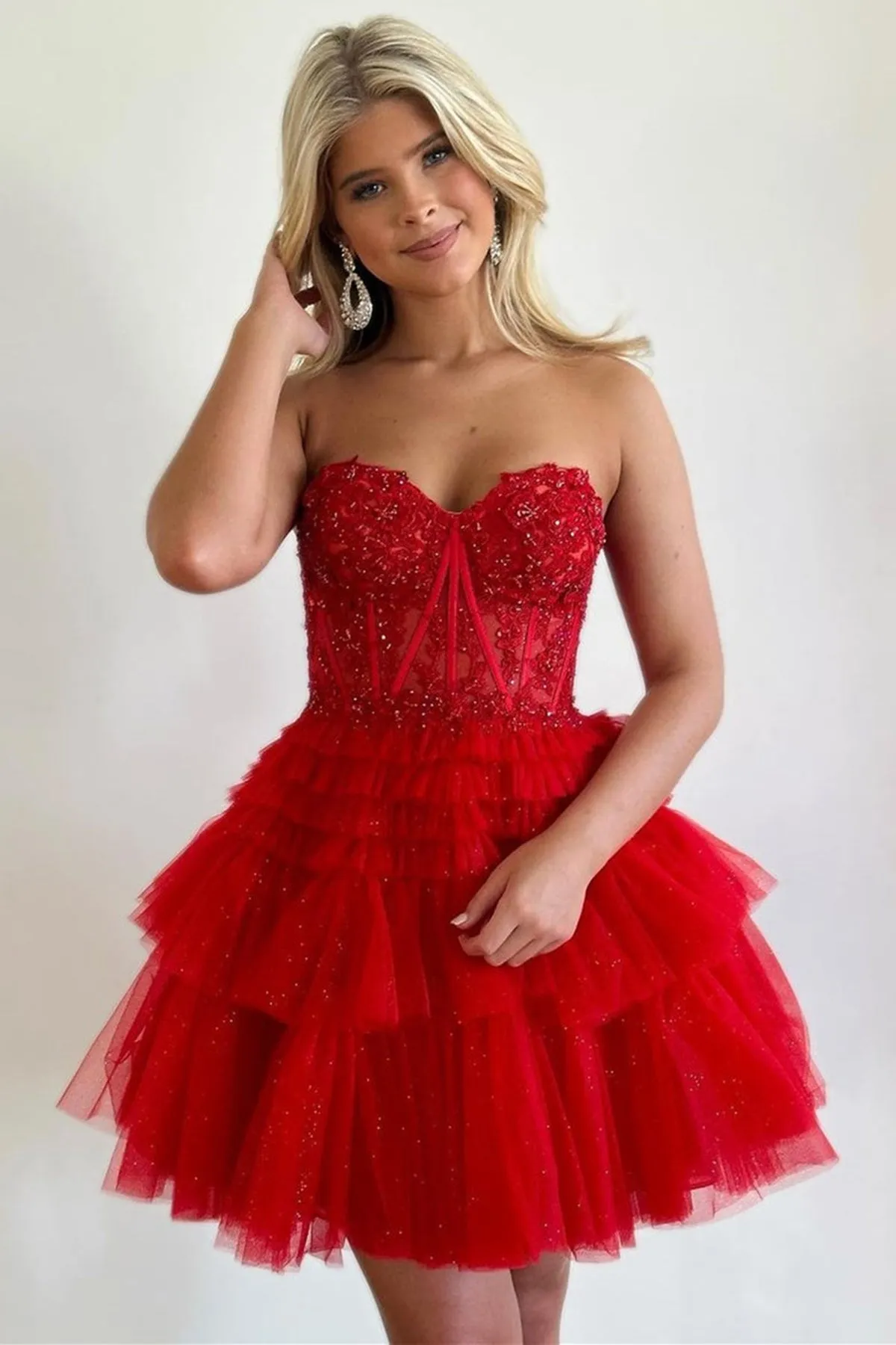 Sweetheart Neck Strapless Beaded Red/Pink Lace Prom Dress, Red/Pink Lace Homecoming Dress, Short Red/Pink Formal Graduation Evening Dress A1903