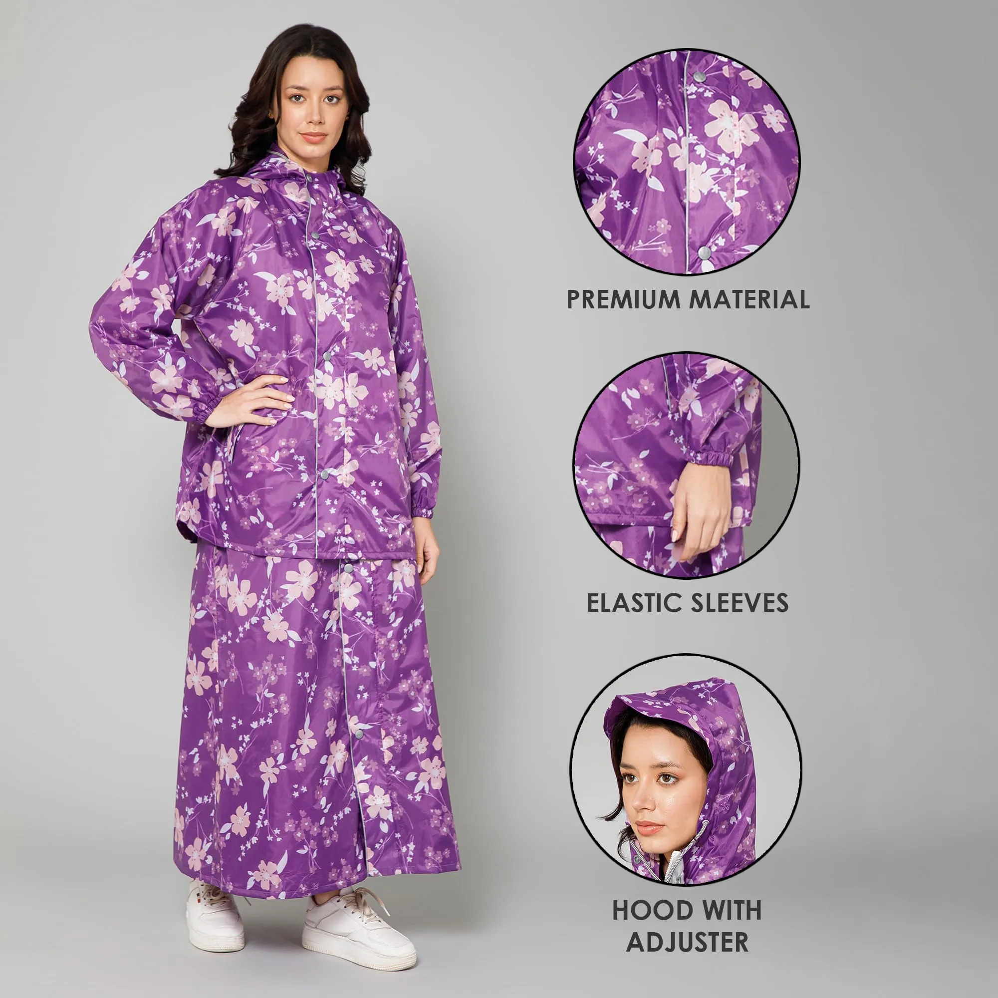 THE CLOWNFISH Polyester Waterproof Rain Coat For Women Skirt and Top Raincoat With Adjustable Hood and Front Pockets Rain Glam Series (Purple Floral, XX-Large)