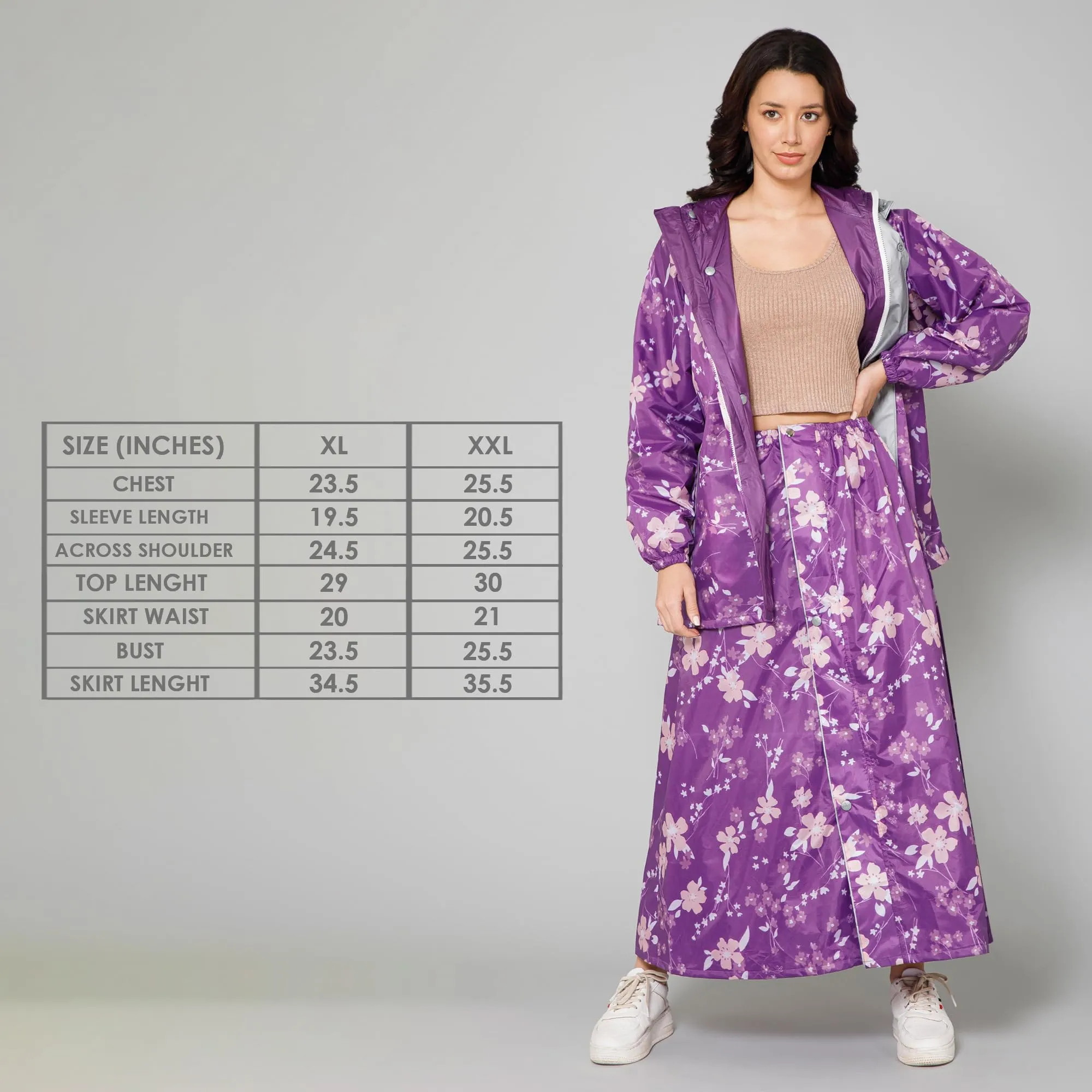 THE CLOWNFISH Polyester Waterproof Rain Coat For Women Skirt and Top Raincoat With Adjustable Hood and Front Pockets Rain Glam Series (Purple Floral, XX-Large)