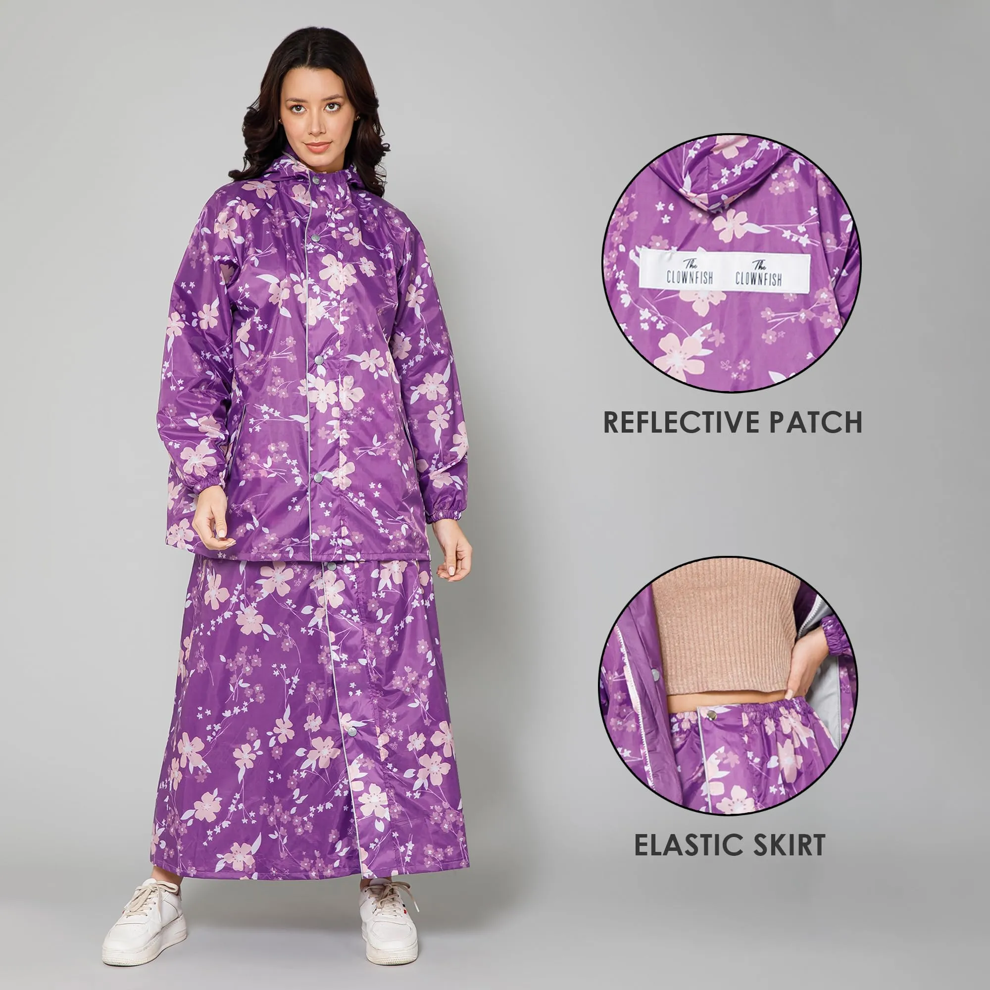 THE CLOWNFISH Polyester Waterproof Rain Coat For Women Skirt and Top Raincoat With Adjustable Hood and Front Pockets Rain Glam Series (Purple Floral, XX-Large)