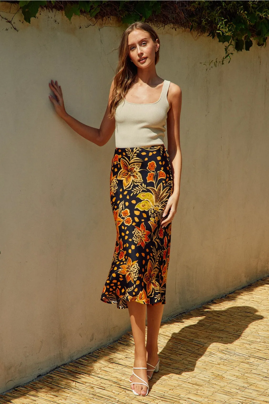 The Heavenly Satin Floral Midi Skirt