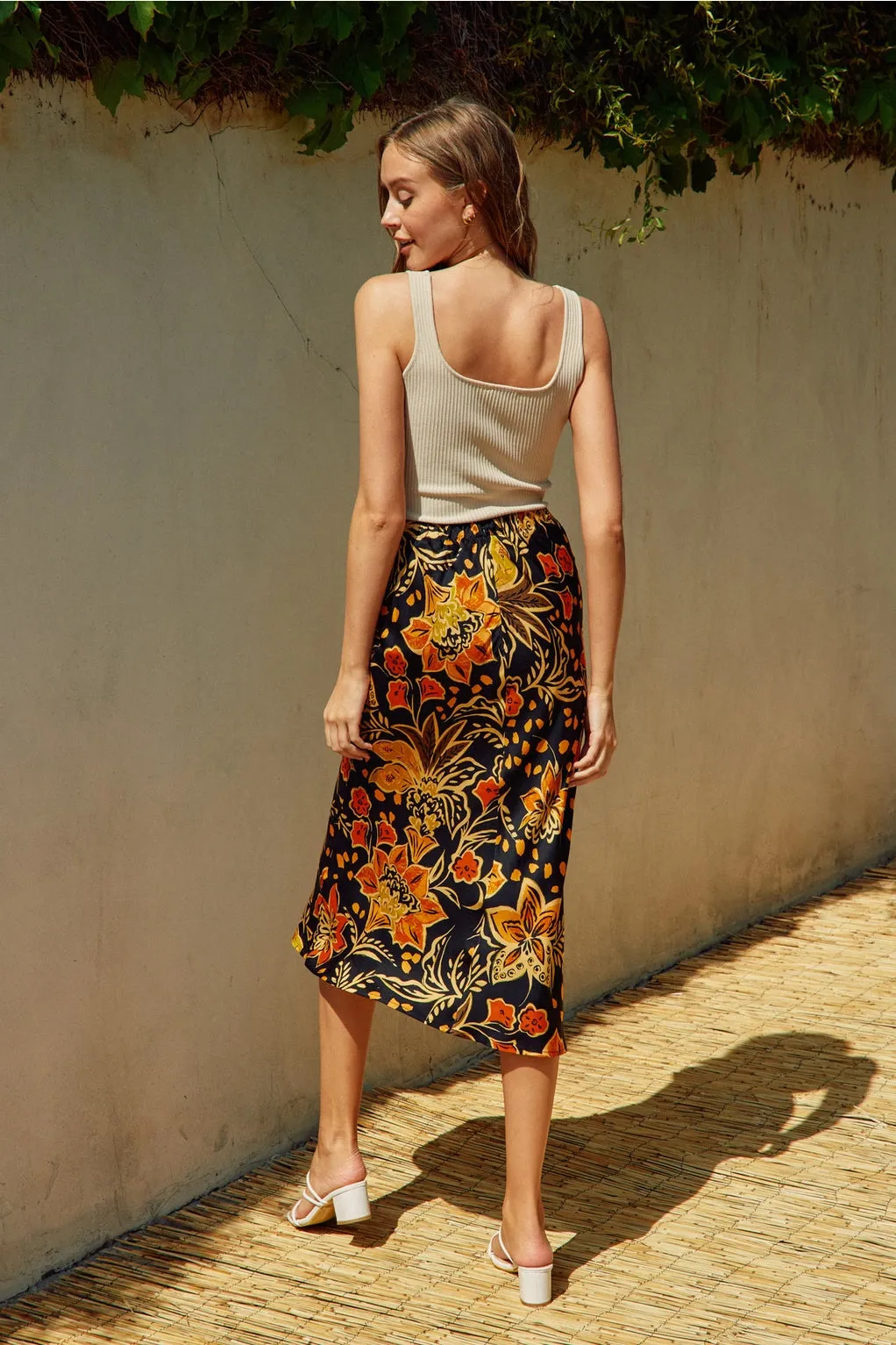 The Heavenly Satin Floral Midi Skirt