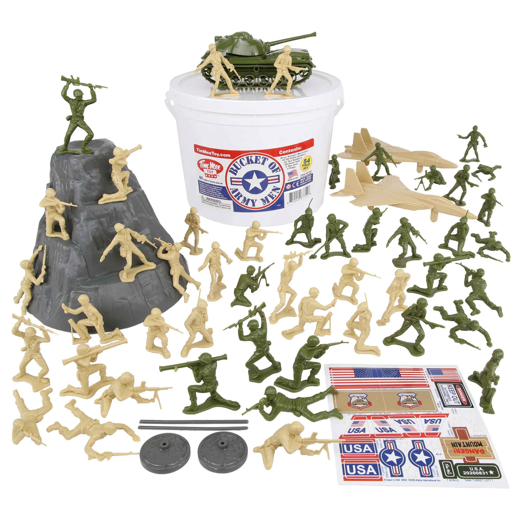 TimMee BUCKET of ARMY MEN - OD Green vs. Tan 54pc Soldier Playset - Made in USA