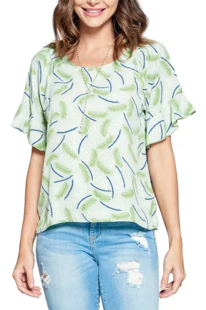 Top Leaf Print Ruffled Sleeve