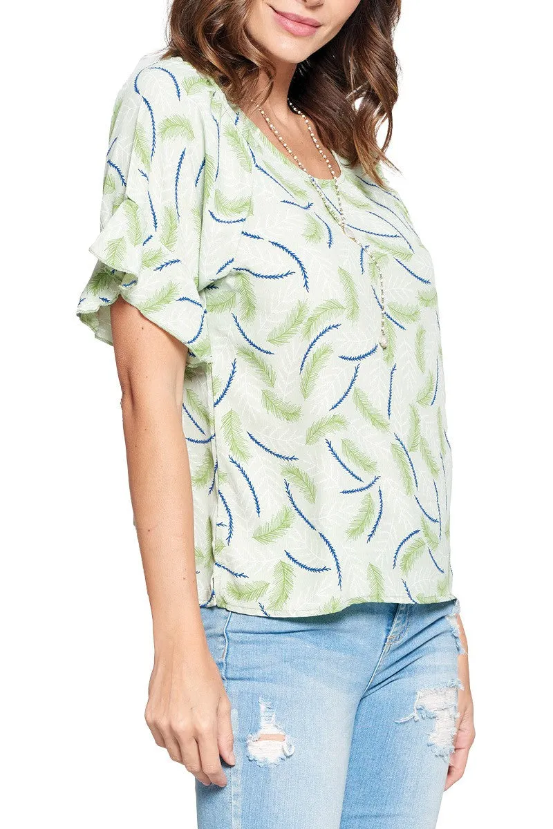 Top Leaf Print Ruffled Sleeve