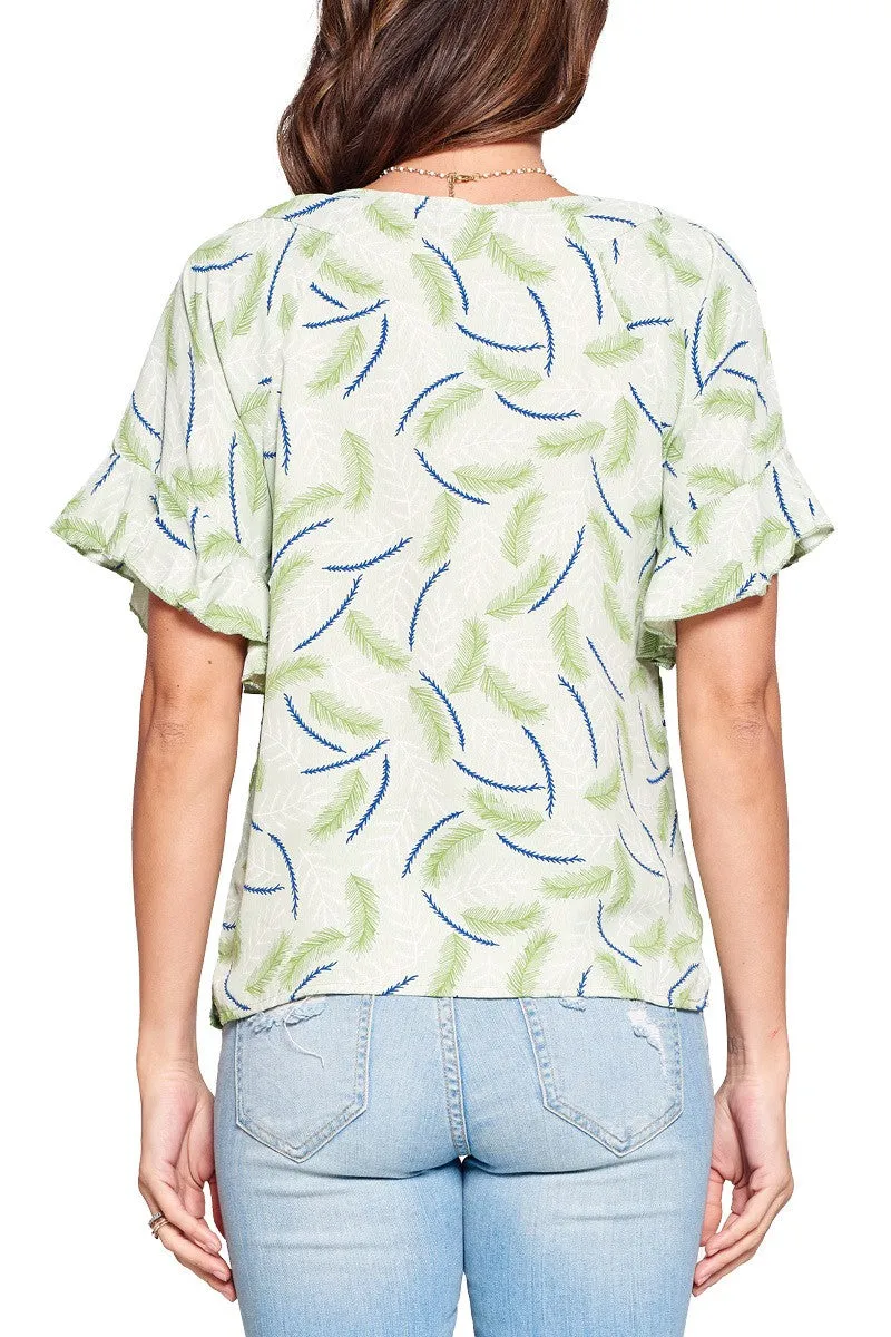 Top Leaf Print Ruffled Sleeve