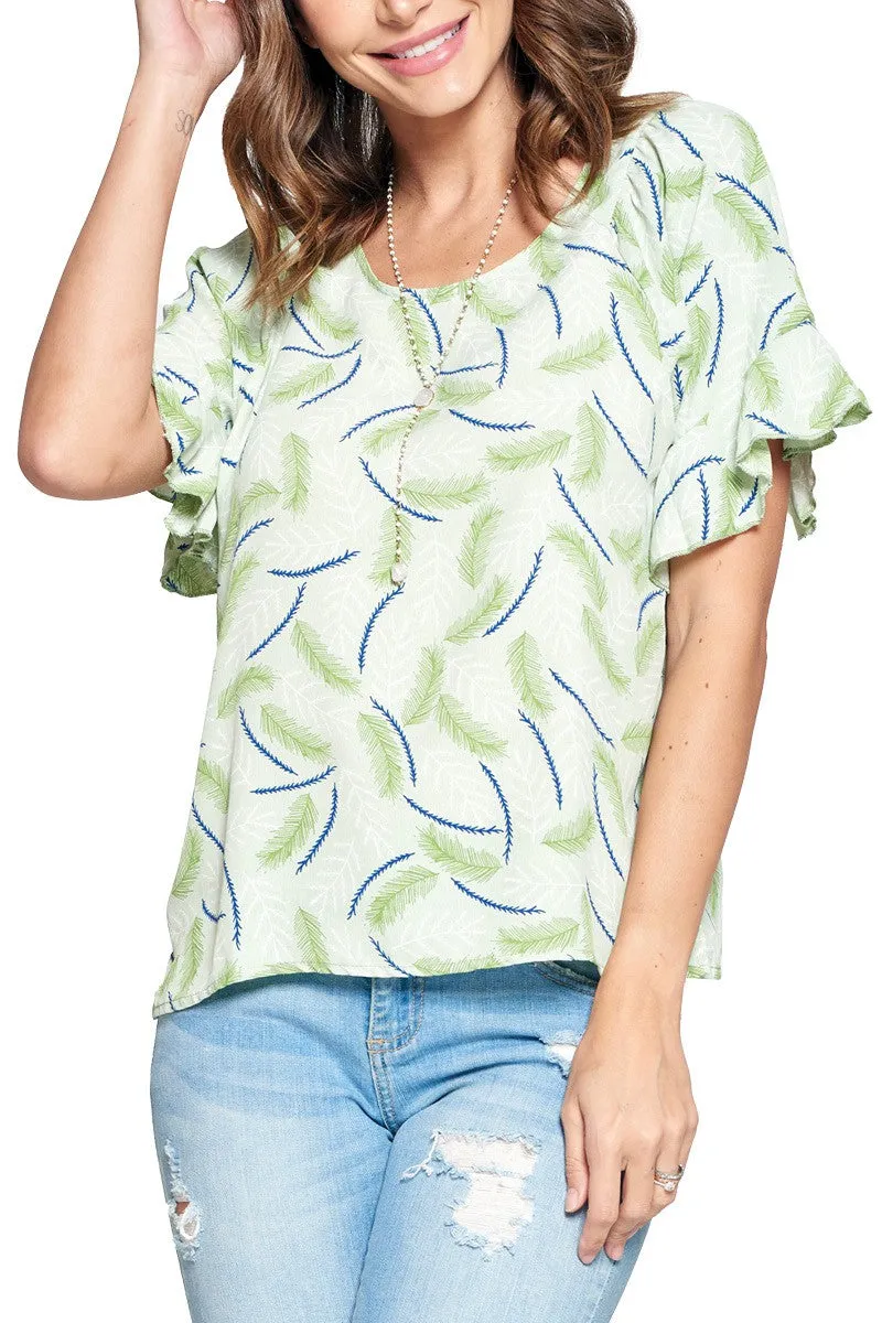 Top Leaf Print Ruffled Sleeve