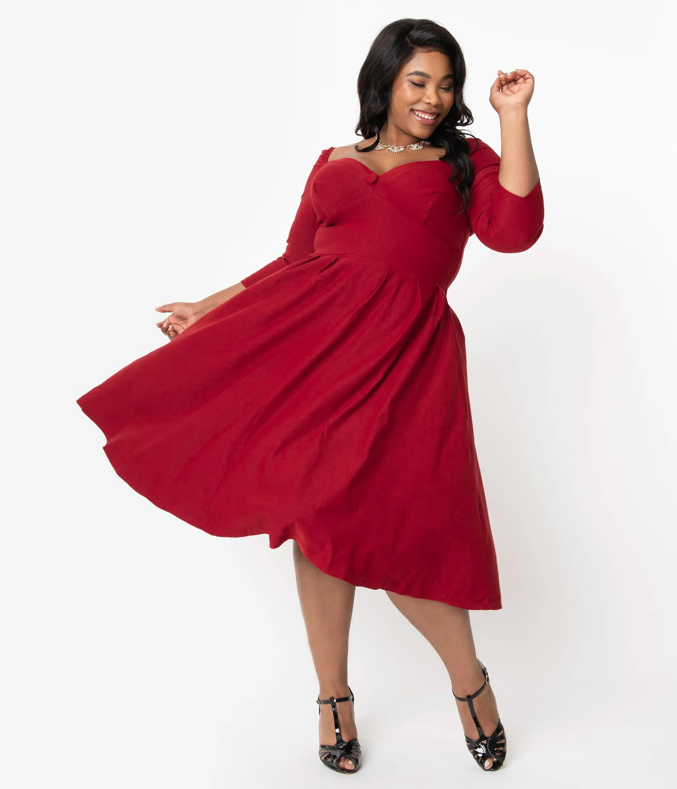 Unique Vintage Plus Size 1950s Deep Red Bengaline Sweetheart Lamar Swing Dress