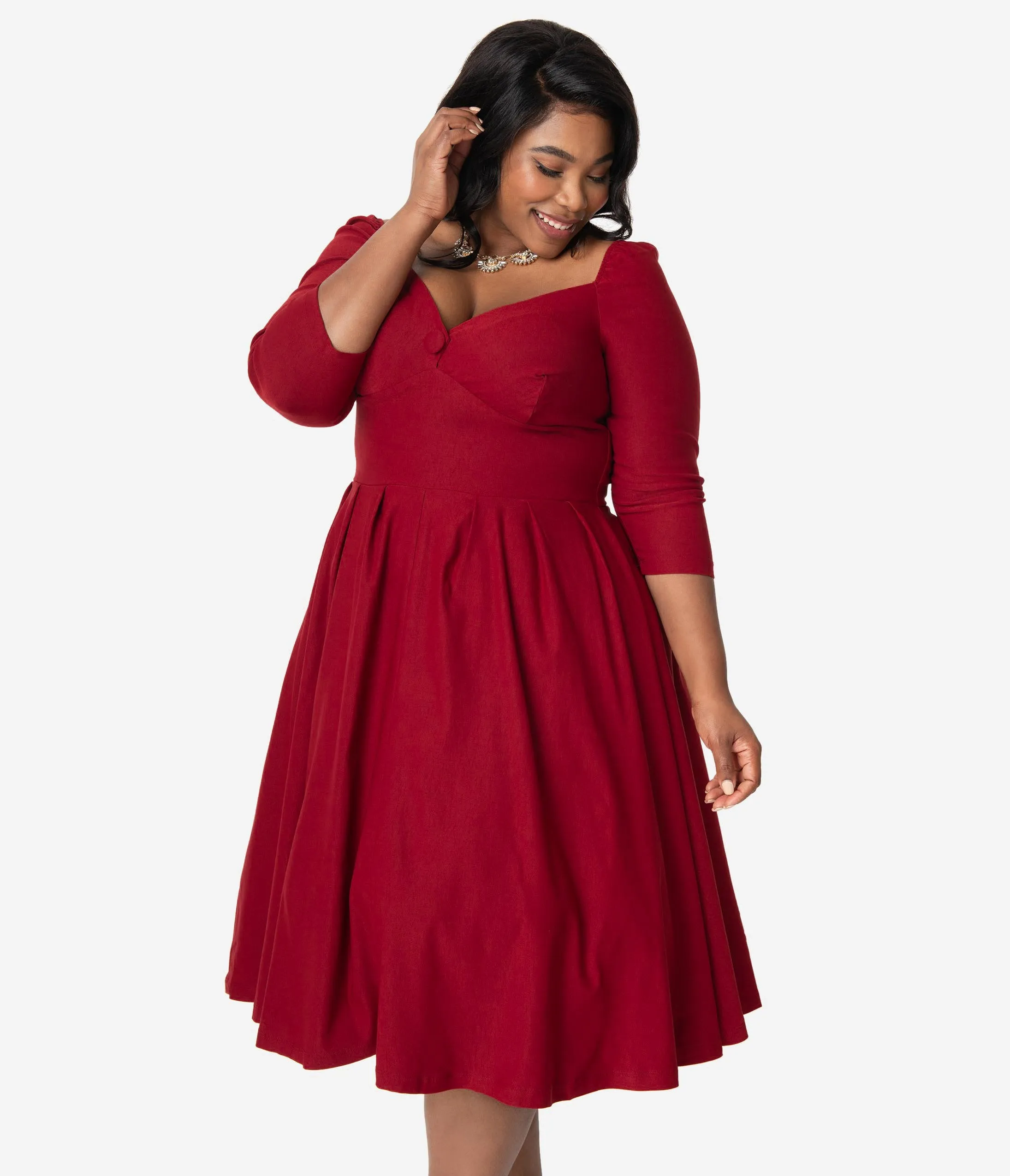 Unique Vintage Plus Size 1950s Deep Red Bengaline Sweetheart Lamar Swing Dress