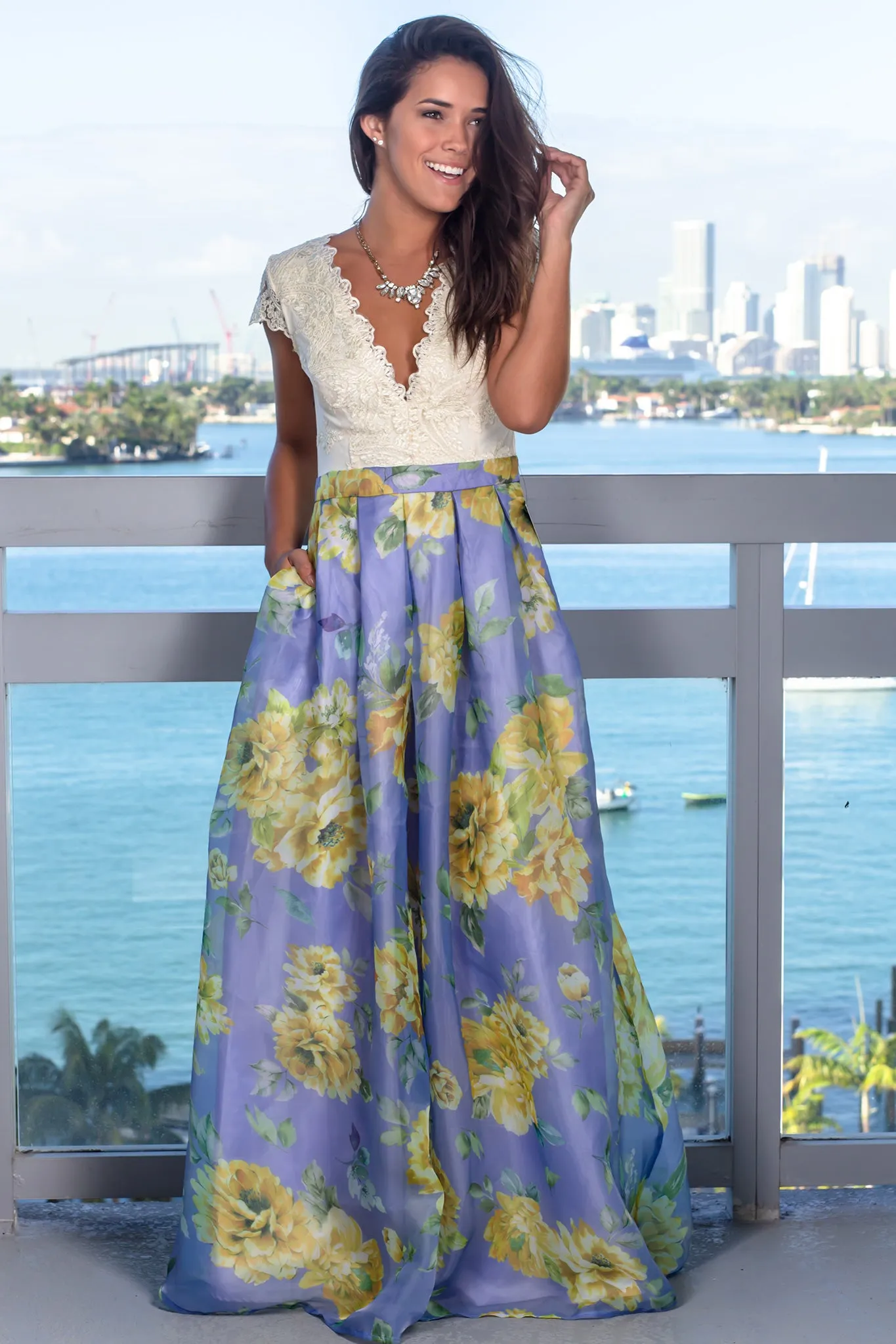 Violet Floral Maxi Dress with Pockets