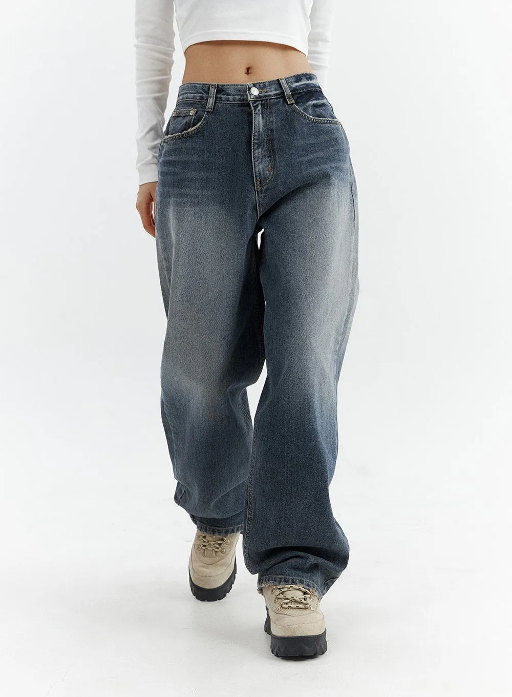 Washed Button Straight Leg Jeans CJ425