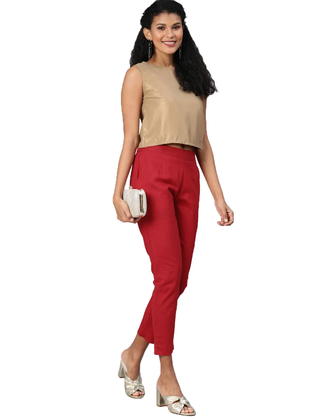 Women Maroon Straight Fit Solid Regular Trousers