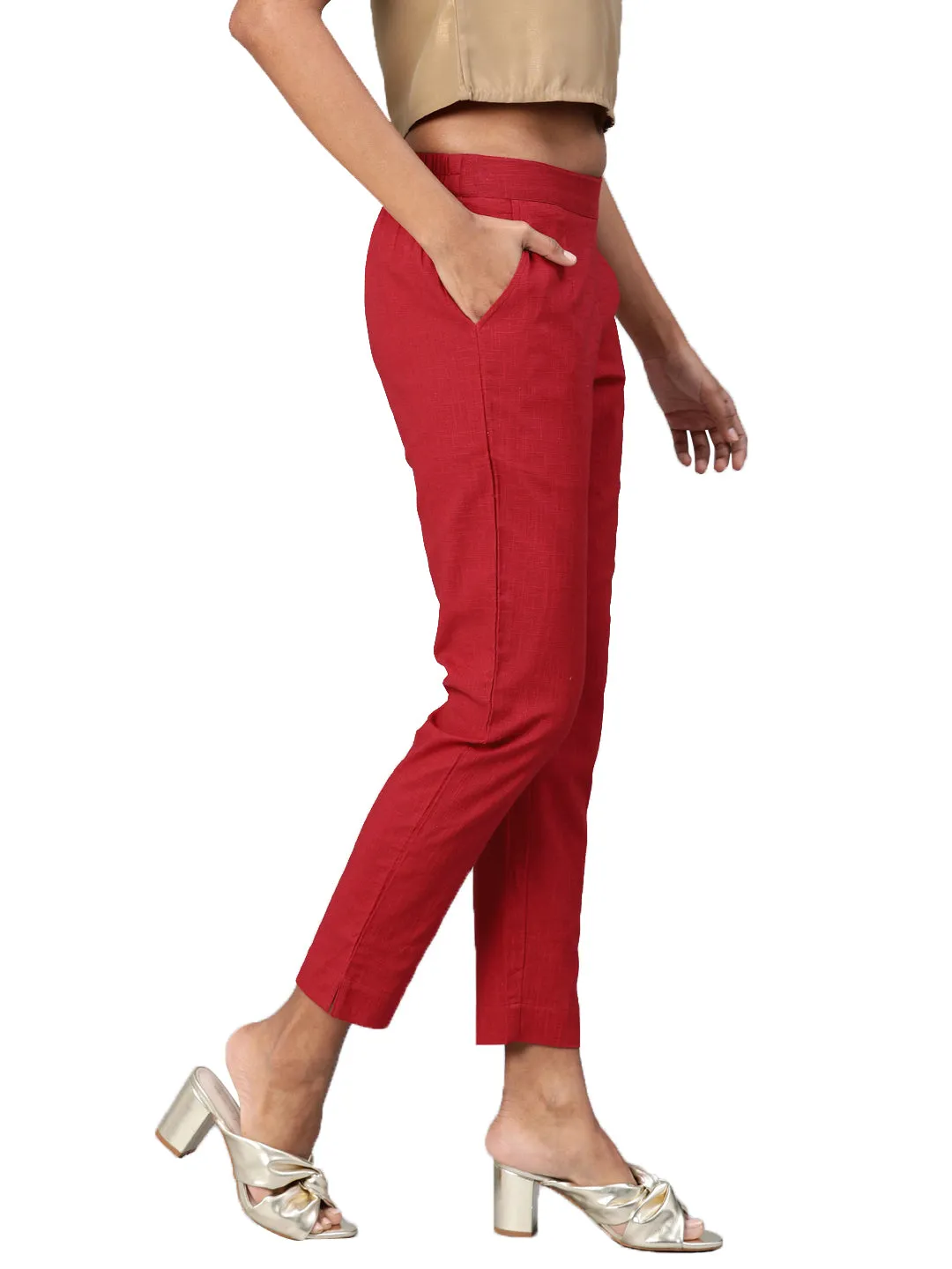 Women Maroon Straight Fit Solid Regular Trousers